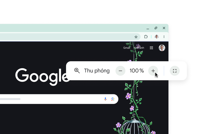 Trang chủ Google và cửa sổ bật lên có mức Thu phóng 100%