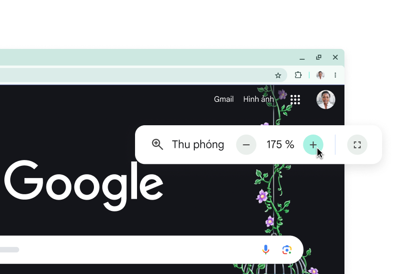 Trang chủ Google có các thành phần được phóng to và cửa sổ bật lên có mức Thu phóng 175%